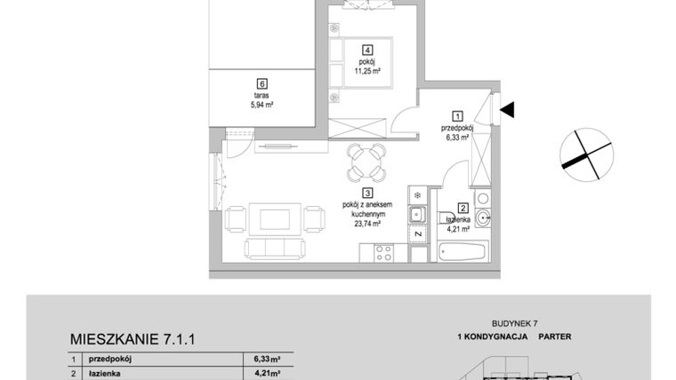 Rzut - Mieszkanie na sprzedaż 2 pokoje o powierzchni 45,53 m² - numer 7.1.1 w Osiedle Przyjemne IV