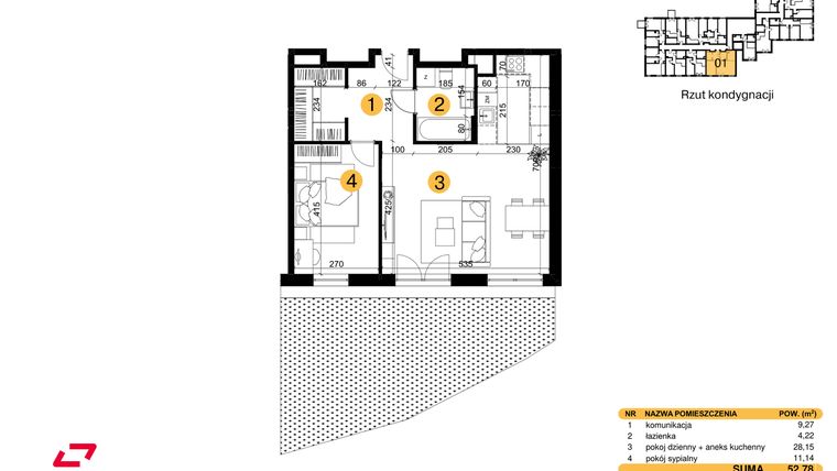 Rzut - Mieszkanie na sprzedaż 2 pokoje o powierzchni 52,78 m² - numer M01 w Punkt Wola