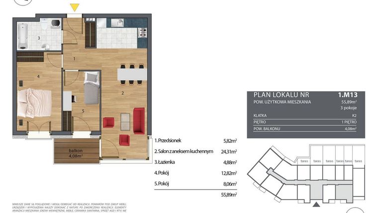 Rzut - Mieszkanie na sprzedaż 3 pokoje o powierzchni 56,2 m² - numer K2.1.M13 w Nyska Residence