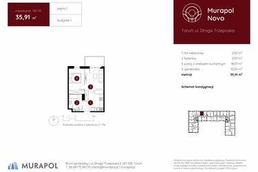 Rzut - Mieszkanie na sprzedaż 1 pokój o powierzchni 35,91 m² - numer 1.B.1.10 w Murapol Novo