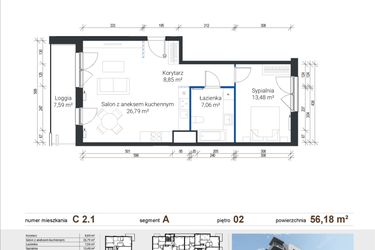 Rzut - Mieszkanie na sprzedaż 2 pokoje o powierzchni 56,18 m² - numer C 2.1 w Nowe Zabłocie