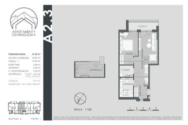 Rzut - Mieszkanie na sprzedaż 2 pokoje o powierzchni 51,55 m² - numer A2.3 w Apartamenty Czarnoleska