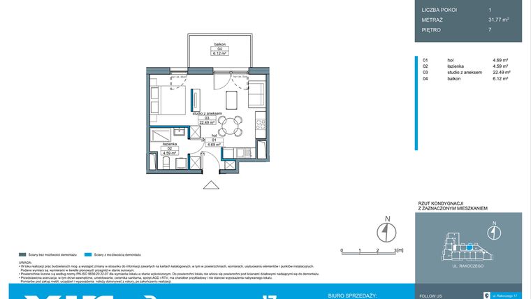 Rzut - Mieszkanie na sprzedaż 1 pokój o powierzchni 31,74 m² - numer A.7.2 w Rakoczego 17