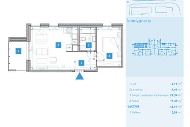 Rzut - Mieszkanie na sprzedaż 2 pokoje o powierzchni 43,48 m² - numer 8 w Apartamenty Macadamia