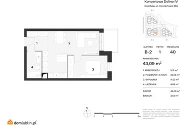 Rzut - Mieszkanie na sprzedaż 1 pokój o powierzchni 43,09 m² - numer 40 w Koncertowa Dolina