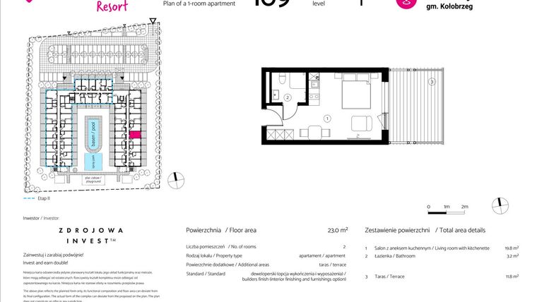 Rzut - Mieszkanie na sprzedaż 1 pokój o powierzchni 23 m² - numer 109 w VacationClub Resort