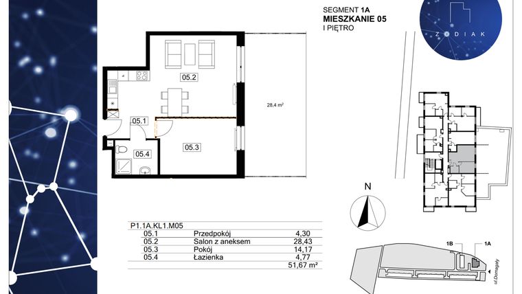 Rzut - Mieszkanie na sprzedaż 2 pokoje o powierzchni 51,67 m² - numer 39/5 w Zodiak