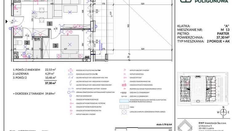 Rzut - Mieszkanie na sprzedaż 2 pokoje o powierzchni 37,3 m² - numer 13 w Apartamenty Poligonowa etap 5