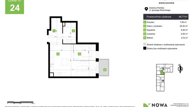 Rzut - Mieszkanie na sprzedaż 2 pokoje o powierzchni 48,77 m² - numer M24 w Nowa Częstochowa Mościckiego