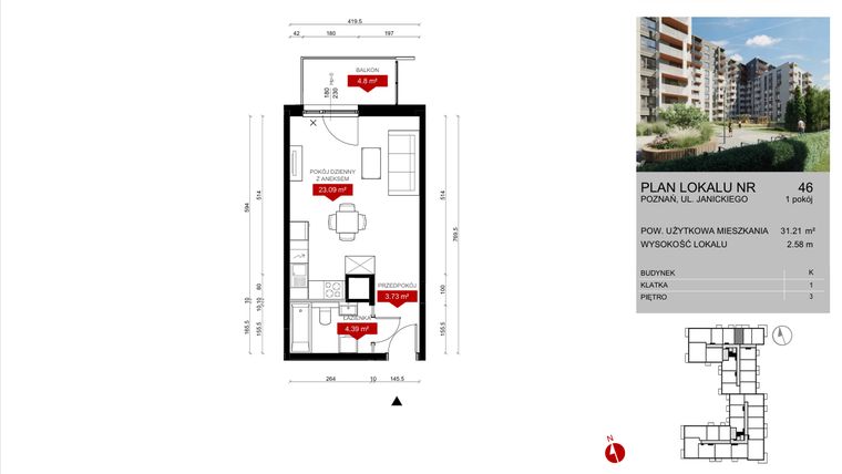 Rzut - Mieszkanie na sprzedaż 1 pokój o powierzchni 31,3 m² - numer K.46 w Wieża Jeżyce etap V