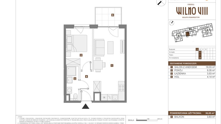 Rzut - Mieszkanie na sprzedaż 2 pokoje o powierzchni 36,05 m² - numer A.25 w Osiedle Wilno VIII