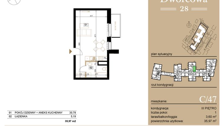 Rzut - Mieszkanie na sprzedaż 1 pokój o powierzchni 36,23 m² - numer C47 w Dworcowa 28