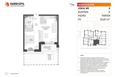 Rzut - Mieszkanie na sprzedaż 2 pokoje o powierzchni 39,87 m² - numer D.4 w Osiedle Warszawska etap II