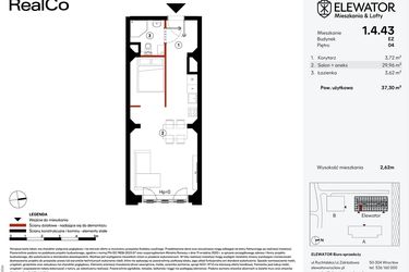 Rzut - Mieszkanie na sprzedaż 1 pokój o powierzchni 37,3 m² - numer EZ.1.4.43 w Elewator - Mieszkania i Lofty