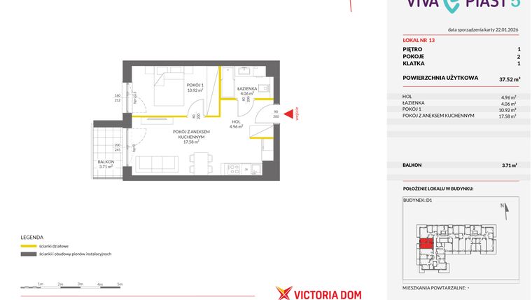 Rzut - Mieszkanie na sprzedaż 2 pokoje o powierzchni 37,43 m² - numer A.13 w Viva Piast 5