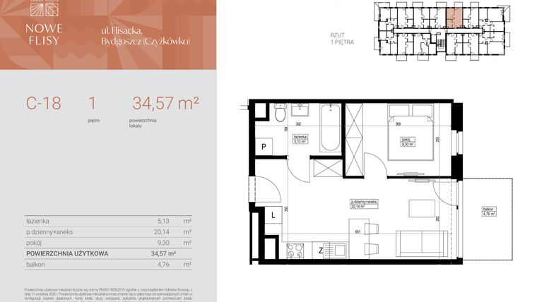 Rzut - Mieszkanie na sprzedaż 2 pokoje o powierzchni 34,57 m² - numer M18_NF.c w Nowe Flisy II
