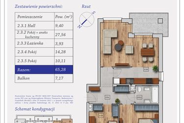 Rzut - Mieszkanie na sprzedaż 3 pokoje o powierzchni 65,28 m² - numer 51C.5 w Dębowa 51