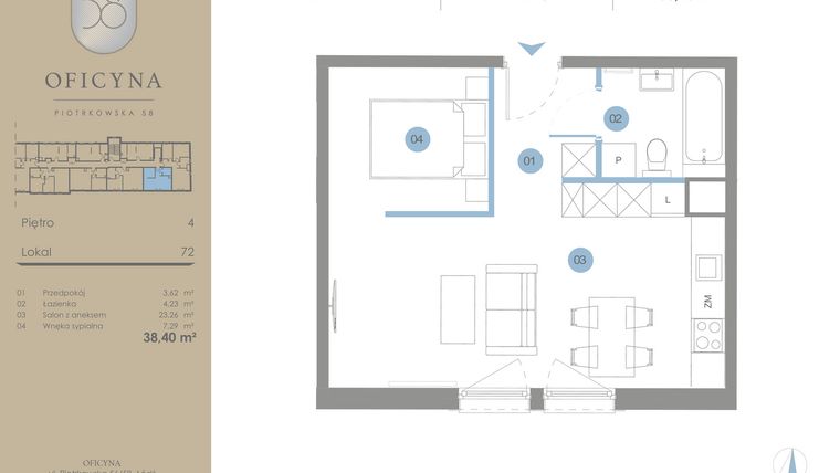 Rzut - Mieszkanie na sprzedaż 1 pokój o powierzchni 38,4 m² - numer 72 w Oficyna - mieszkania