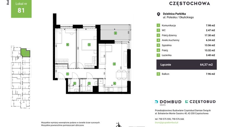 Rzut - Mieszkanie na sprzedaż 3 pokoje o powierzchni 64,37 m² - numer A1-81 w Nowa Częstochowa