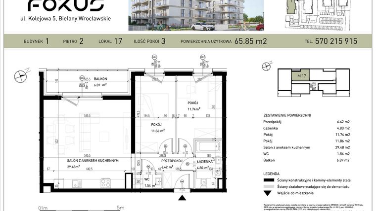 Rzut - Mieszkanie na sprzedaż 3 pokoje o powierzchni 65,85 m² - numer B1-17 w Fokus Bielany