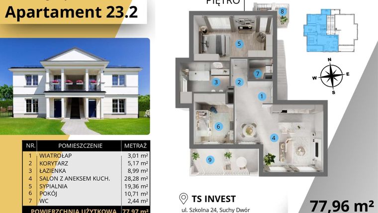 Rzut - Mieszkanie na sprzedaż 3 pokoje o powierzchni 77,5 m² - numer 23.2. w Ogrody Tesoro VI