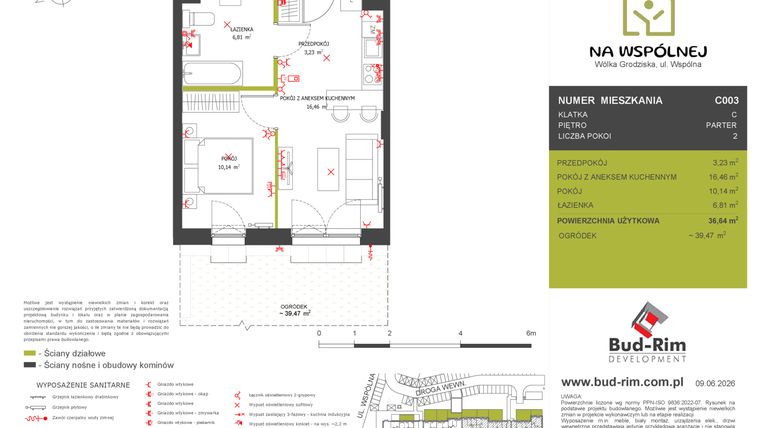 Rzut - Mieszkanie na sprzedaż 2 pokoje o powierzchni 36,64 m² - numer C3 w Na Wspólnej etap 2