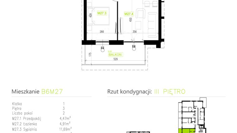 Rzut - Mieszkanie na sprzedaż 2 pokoje o powierzchni 46,26 m² - numer B6M27 w Osiedle Natura Park etap II