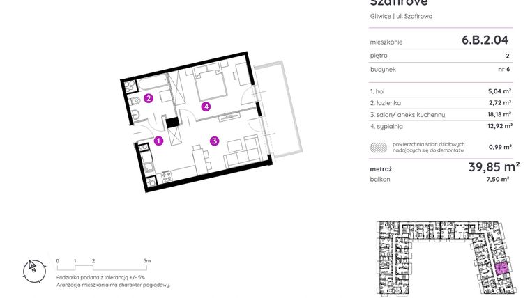 Rzut - Mieszkanie na sprzedaż 2 pokoje o powierzchni 39,85 m² - numer 6.B.2.04 w Murapol Osiedle Szafirove