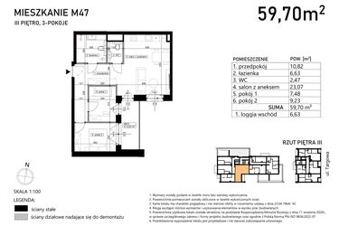 Rzut - Mieszkanie na sprzedaż 3 pokoje o powierzchni 59,7 m² - numer M47 w Finezja