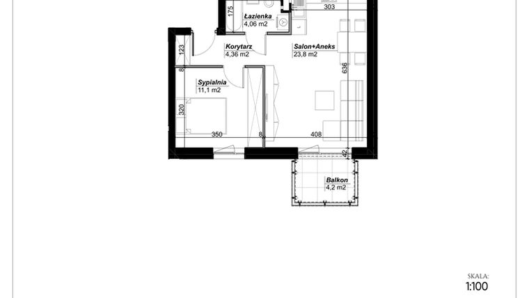 Rzut - Mieszkanie na sprzedaż 2 pokoje o powierzchni 43,32 m² - numer C.11 w Narcyzowe Wzgórza II