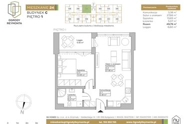 Rzut - Mieszkanie na sprzedaż 2 pokoje o powierzchni 49,76 m² - numer M24 w Ogrody Reymonta
