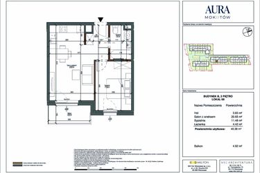 Rzut - Mieszkanie na sprzedaż 2 pokoje o powierzchni 40,38 m² - numer 68 w Aura Mokotów II