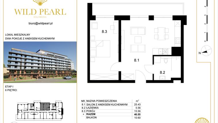 Rzut - Mieszkanie na sprzedaż 2 pokoje o powierzchni 46,55 m² - numer 6.8 w Wild Pearl