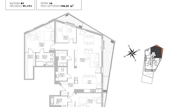 Rzut - Mieszkanie na sprzedaż 4 pokoje o powierzchni 164,58 m² - numer B1.17.1 w Alvarium 2.0