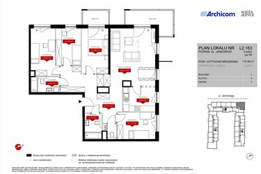 Rzut - Mieszkanie na sprzedaż 5 pokoi o powierzchni 116,98 m² - numer L2.163 w Wieża Jeżyce etap VI