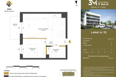 Rzut - Mieszkanie na sprzedaż 2 pokoje o powierzchni 42,71 m² - numer 21 w Apartamenty 3 Maja