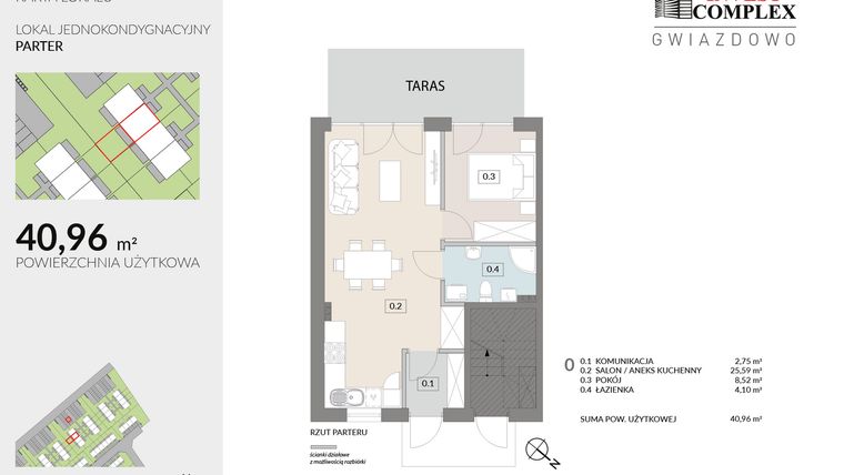 Rzut - Mieszkanie na sprzedaż 2 pokoje o powierzchni 40,96 m² - numer A51.1 w Osiedle Gwiazdowo etap 6B