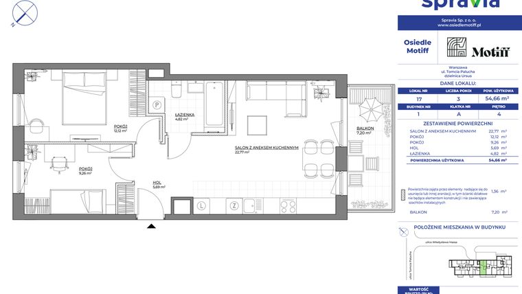 Rzut - Mieszkanie na sprzedaż 3 pokoje o powierzchni 54,66 m² - numer 1/17 w Osiedle Motiff