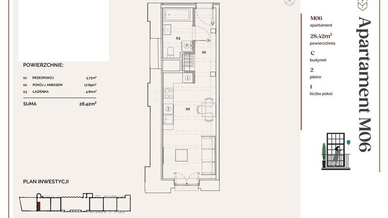 Rzut - Mieszkanie na sprzedaż 1 pokój o powierzchni 28,42 m² - numer C.6 w Młyny Mogilska