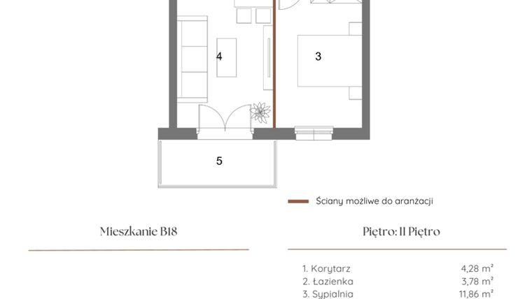 Rzut - Mieszkanie na sprzedaż 2 pokoje o powierzchni 39,96 m² - numer B18 w Dąbrowskiego 9