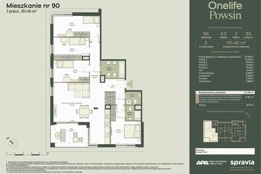 Rzut - Mieszkanie na sprzedaż 5 pokoi o powierzchni 110,46 m² - numer B6/90 w Onelife Powsin
