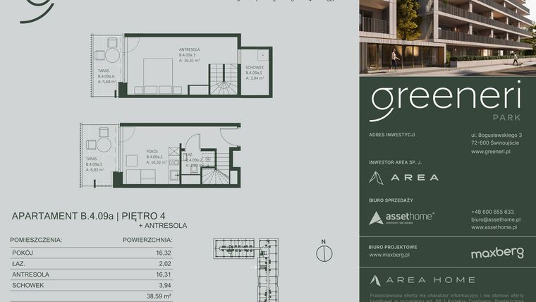 Rzut - Mieszkanie na sprzedaż 2 pokoje o powierzchni 38,59 m² - numer B.4.09a w Greeneri Park