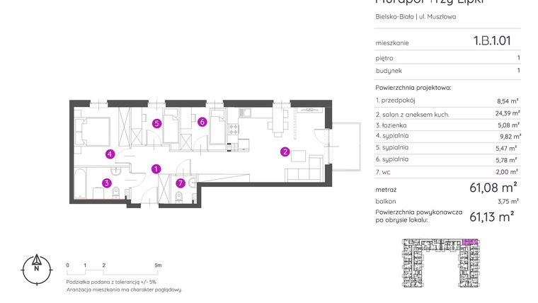Rzut - Mieszkanie na sprzedaż 4 pokoje o powierzchni 61,13 m² - numer 1.B.1.01 w Murapol Trzy Lipki