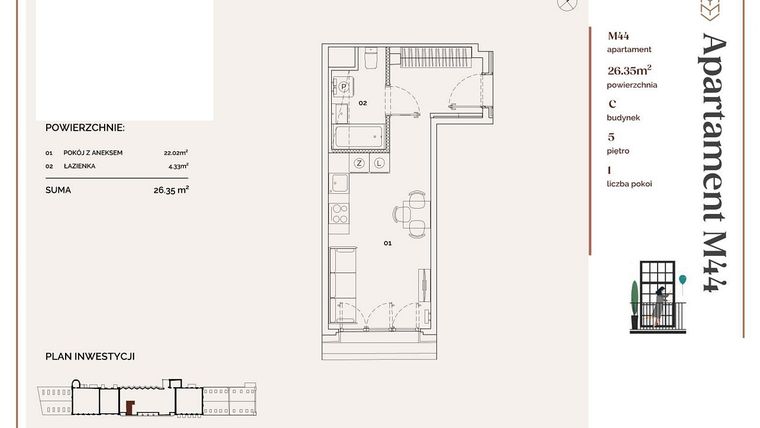 Rzut - Mieszkanie na sprzedaż 1 pokój o powierzchni 26,35 m² - numer C.44 w Młyny Mogilska