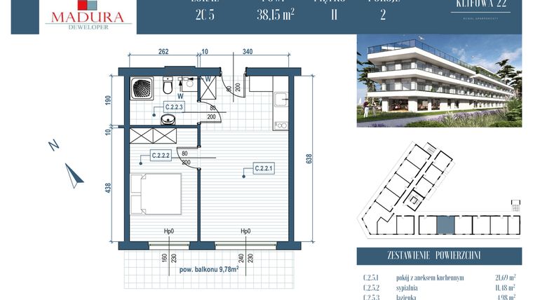 Rzut - Mieszkanie na sprzedaż 2 pokoje o powierzchni 38,15 m² - numer C.2.5 w Rewal ul. Klifowa 22