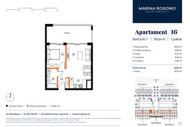 Rzut - Mieszkanie na sprzedaż 2 pokoje o powierzchni 43,82 m² - numer 16 w Apartamenty Marina Rogowo
