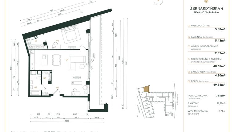 Rzut - Mieszkanie na sprzedaż 4 pokoje o powierzchni 78,65 m² - numer A/4/11 w Bernardyńska 4