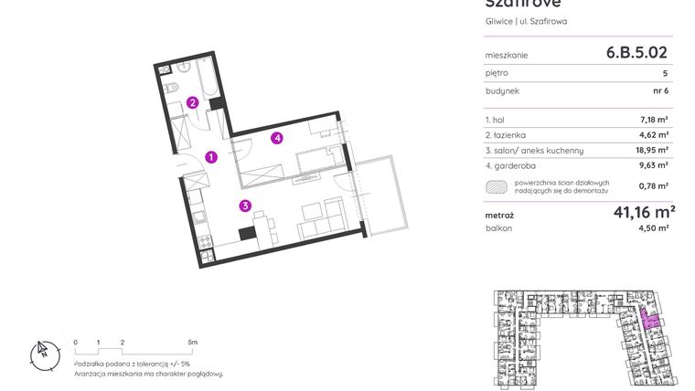 Rzut - Mieszkanie na sprzedaż 1 pokój o powierzchni 41,16 m² - numer 6.B.5.02 w Murapol Osiedle Szafirove