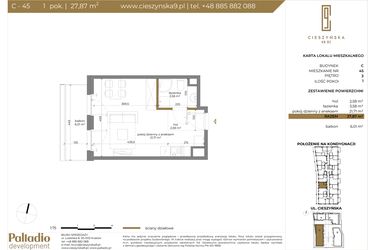 Rzut - Mieszkanie na sprzedaż 1 pokój o powierzchni 27,87 m² - numer C-45 w Cieszyńska 9 budynek B i C