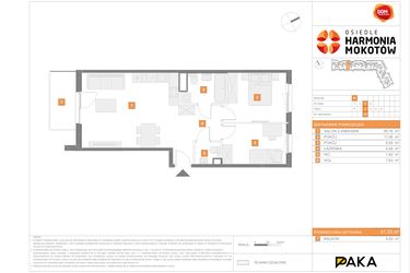 Rzut - Mieszkanie na sprzedaż 3 pokoje o powierzchni 61,33 m² - numer E.75 w Osiedle Harmonia Mokotów etap 2